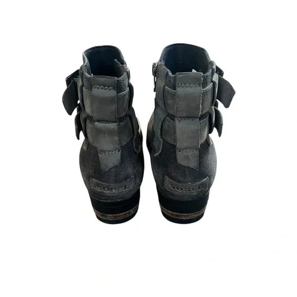 Sorel Lolla grey‎ leather and suede heeled ankle boots SZ 7 - Picture 4 of 10